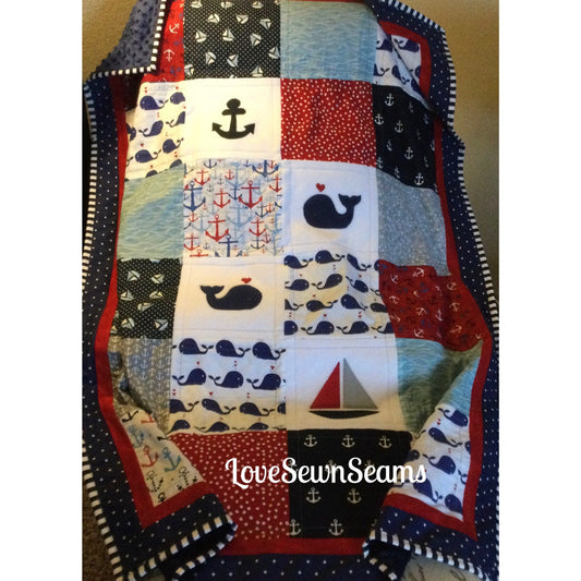 NAUTICAL BABY Quilt/COASTAL Baby blanket/Whale and anchor baby quilt/America quilt
