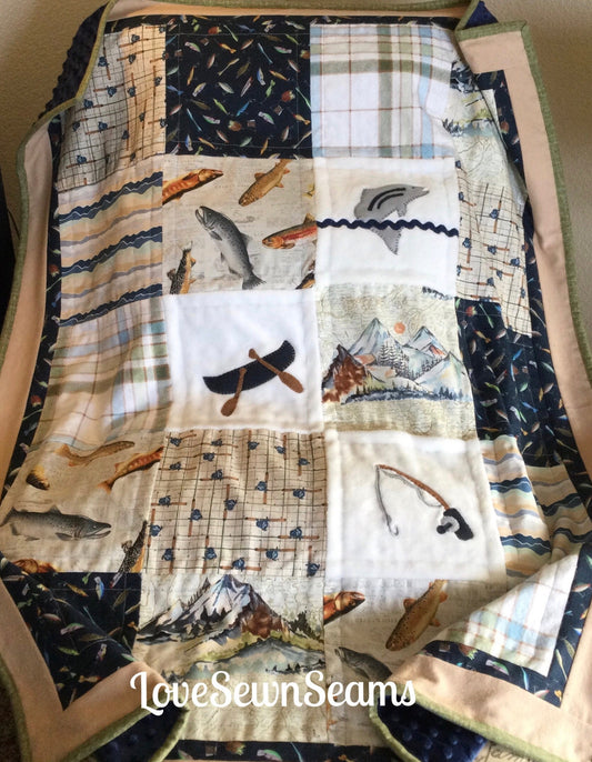 Nature quilt/Lake house quilt/Outdoor quilt/Gone fishing quilt/Handmade quilt/Sportsman quilt