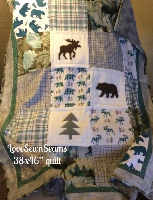 Lodge quilt/Moose quilt/Bear Quilt/Woodland quilt/Rustic quilt/Appliqué quilt/Northwoods quilt/Hunter quilt/handmade quilt