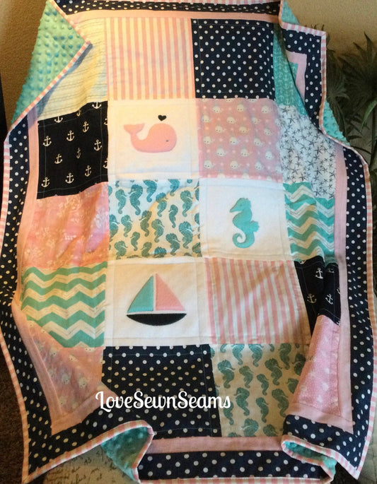 MADE to ORDER/Nautical Baby Quilt/Crib Size quilt/Seahorse/Sea Life Quilt/Coastal quilt/Baby Quilt