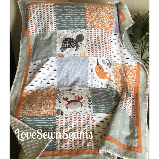 SEA LIFE Quilt/Ocean quilt/Narwhal quilt/Sea turtle quilt/Crab quilt/Handmade quilt/customizable quilt