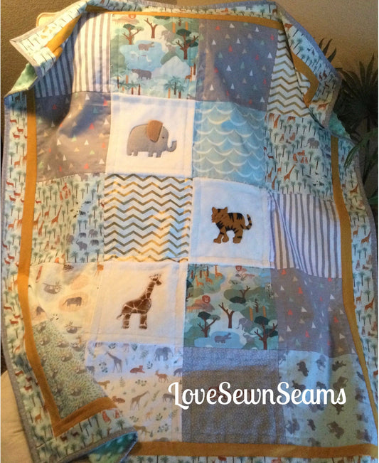 MADE TO ORDER/Safari quilt/Jungle quilt/Animal quilt/Elephant quilt/Giraffe quilt/Safari Lovey/Jungle Animal lovey/Modern baby quilt
