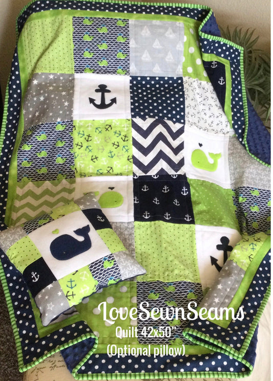 NAUTICAL Crib quilt in Navy, Green & Gray/Coastal quilt/option to add pillow and-or skirt