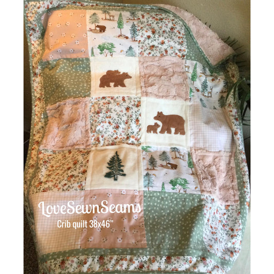 Sage & Blush Woodland quilt/Made to order/Nature quilt/Woodland/Handmade in USA/crib sheet option