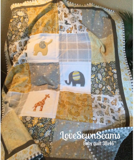 Safari quilt~Elephant quilt~buttercup & slate~animal quilt~handmade in USA